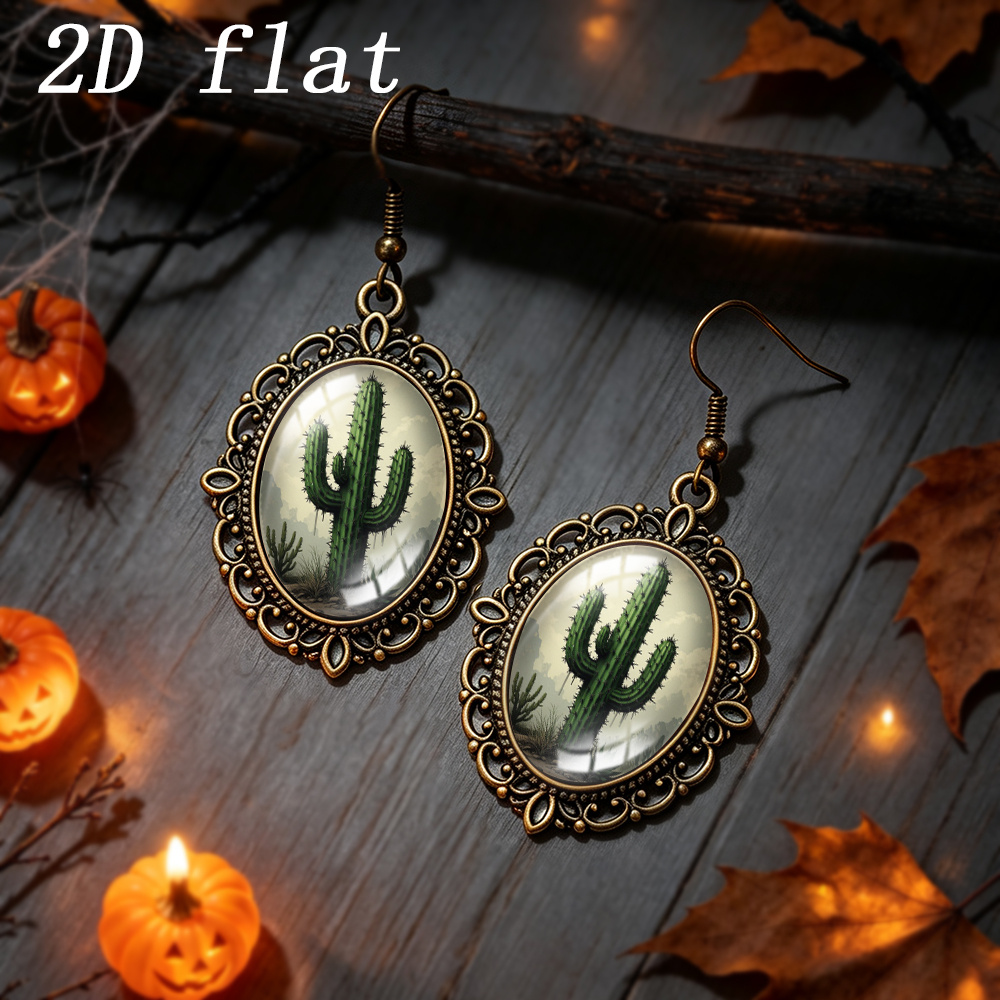 Desert Cactus Pattern Oval Dangle Earrings, Handmade Gift
